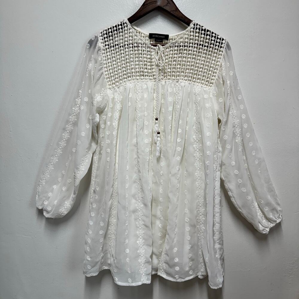 Marciano XS White Embroidered Boho Peasant Tunic Blouse Cotton Lined Cottagecore